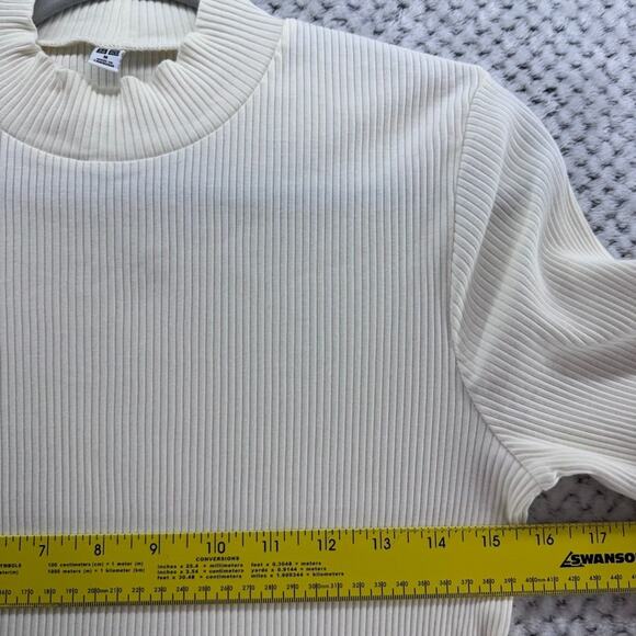 Uniqlo Sweater Womens M Cream Cotton Rib Knit Mock Neck Long Sleeve Fitted - Picture 9 of 12